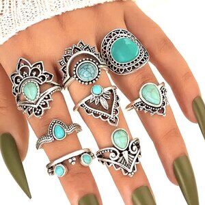 Rings Turquoise 8pc Silver Finger Gypsy Boho Hippie Stackable Stylish Silver